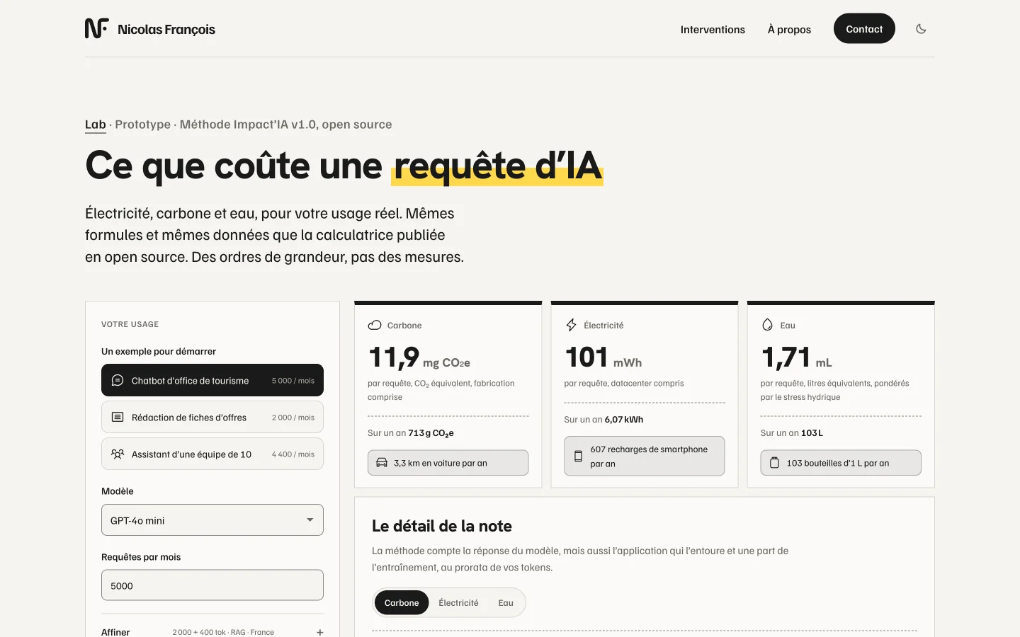 The Impact IA calculator, in French, on desktop and mobile: pick a use case, then see carbon, electricity, and water per request