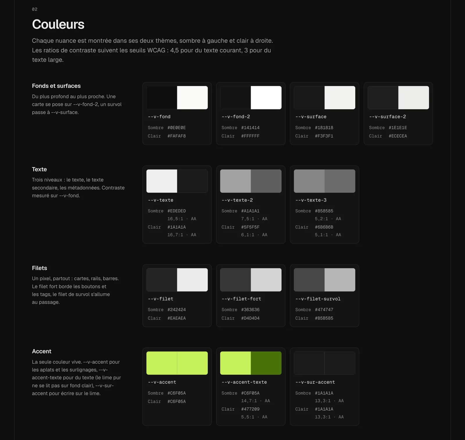 The colors of the vibe design system, each in both themes with its contrast ratio